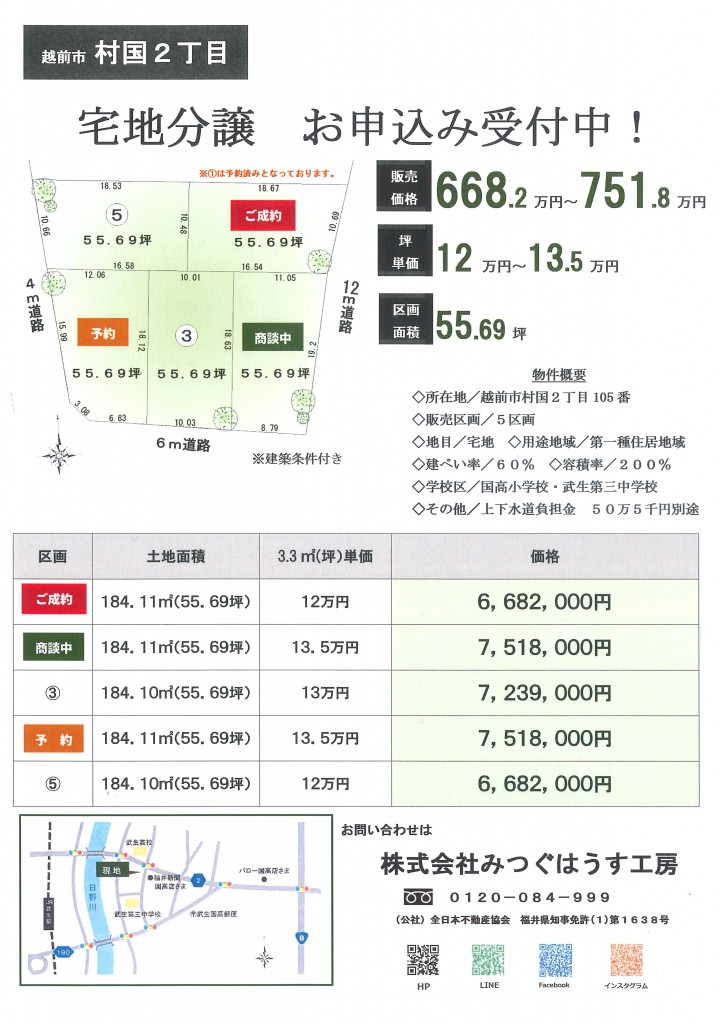 越前市 村国2丁目 【宅地分譲 残りわずか】